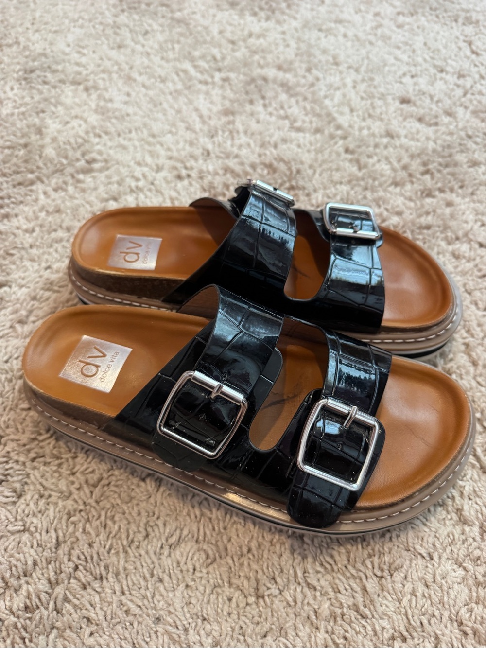 DV by Dolce Vita Kids Black Patent Croc Double-Buckle Slide Sandals